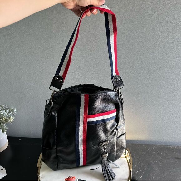 Faux Leather Black Convertible Backpack Bear Charm Work Travel Bag Overnight - Picture 7 of 11